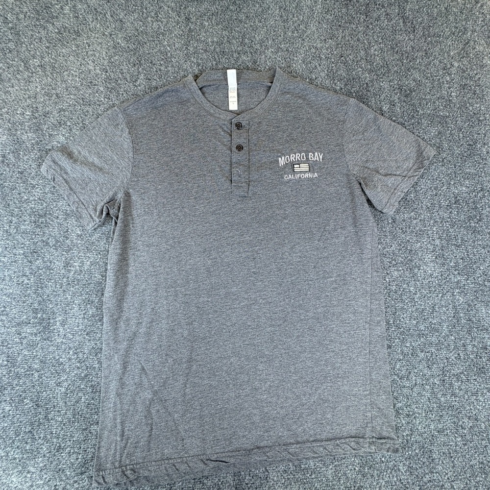 Teemax Morro Bay California T-Shirt Mens Large Heather Gray Cotton Henley Neck